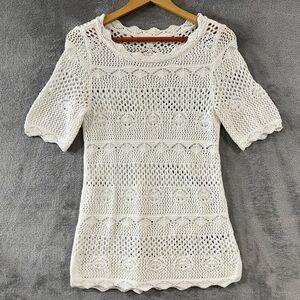 Westport Womens Cottagecore Crochet Lace Tunic Knit Top White 3/4 Sleeve Sz S